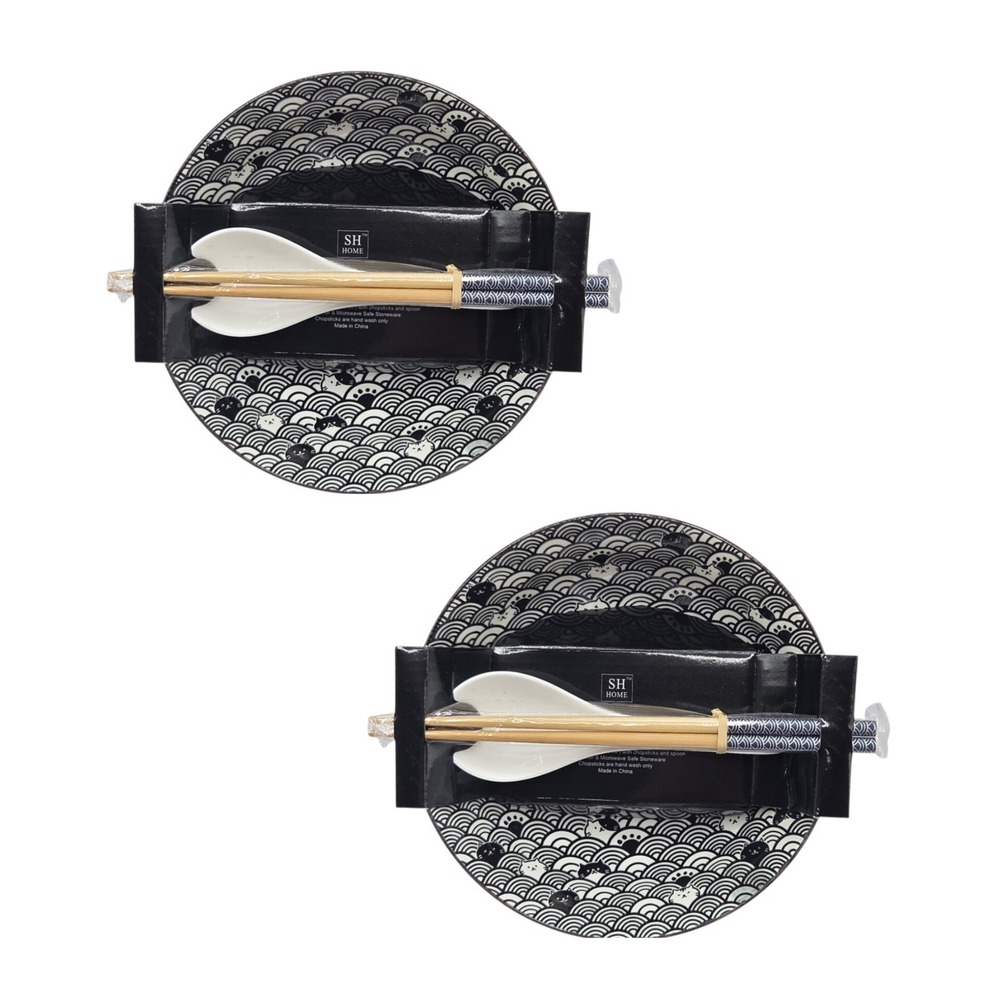 SH Home Black Waves Cats Ceramic Ramen Noodle Bowl Set of 2 w/ Chopsticks Spoons